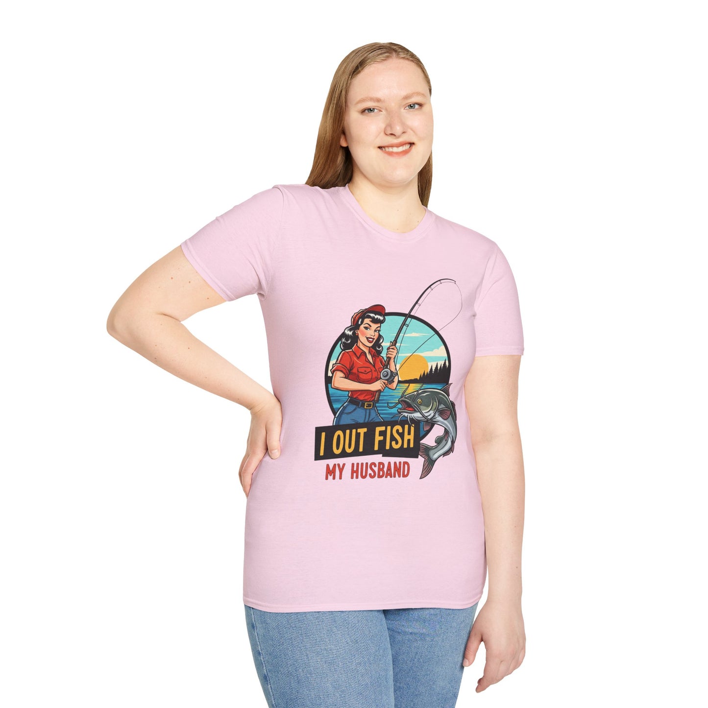 Fishing Humor Unisex T-Shirt | I Out Fish My Husband | Perfect Gift for Fishing Lovers, Father's Day, Outdoorsy Friends, Casual Wear