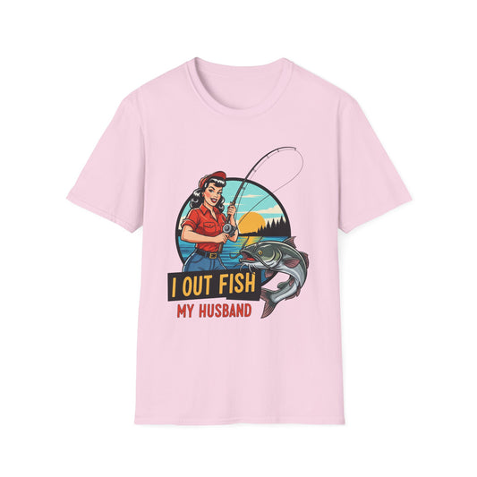 Fishing Humor Unisex T-Shirt | I Out Fish My Husband | Perfect Gift for Fishing Lovers, Father's Day, Outdoorsy Friends, Casual Wear